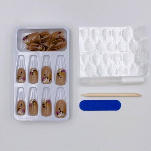 Short Almond-Shaped Press-On Nails with Tan Base & Delicate Flower Designs - Picture 2 of 2